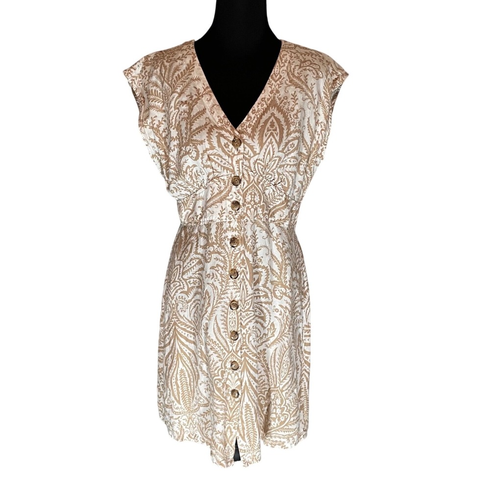 LOFT Tan White Paisley Linen Blend Button Front V-Neck Mini Dress Size 2 Neutral